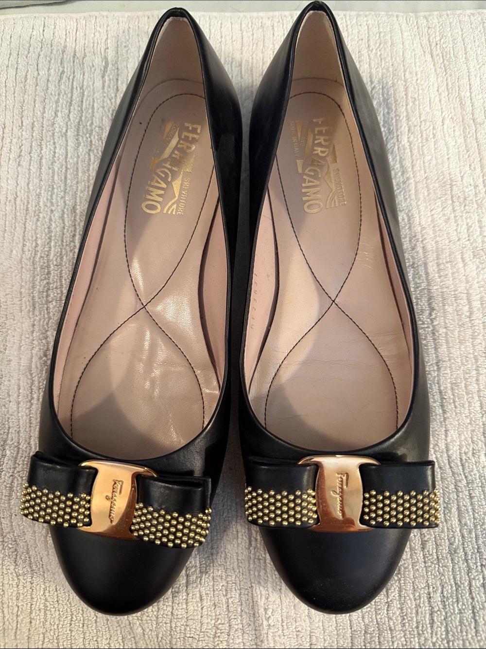 Salvatore Ferragamo Black Leather Vara Bow Flats with Gold Stud Detail